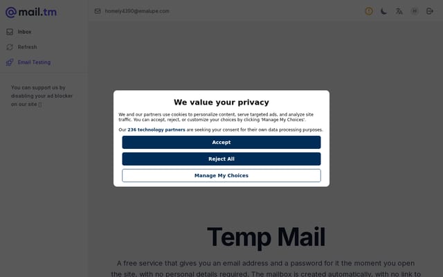Screenshot of mail.tm