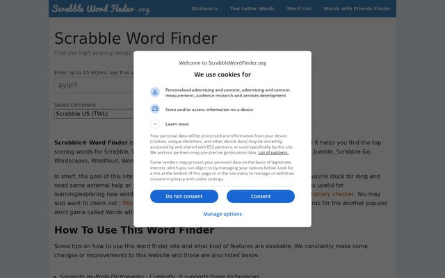 Screenshot of scrabblewordfinder.org