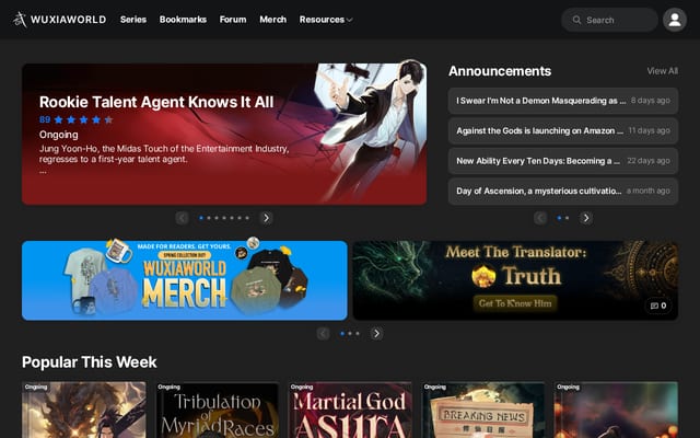 Screenshot of wuxiaworld.com