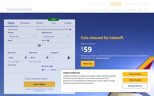 Screenshot of southwest.com