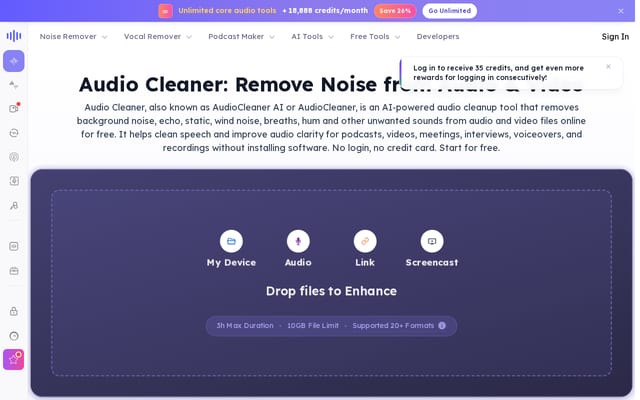 Screenshot of audiocleaner.ai