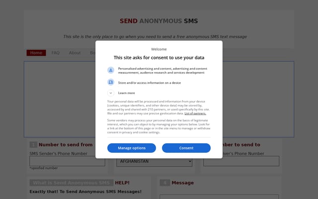 Screenshot of sendanonymoussms.com