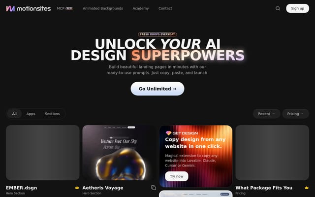 Screenshot of motionsites.ai