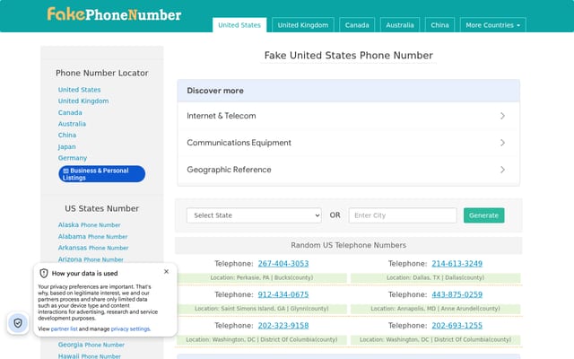 Screenshot of fakephonenumber.org