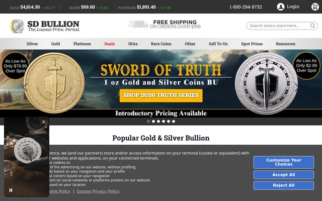 Screenshot of sdbullion.com